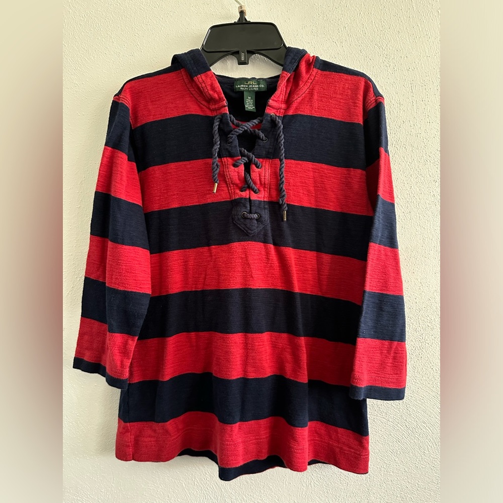 Lauren Ralph Lauren red blue striped quarter length sleeve laced women's-